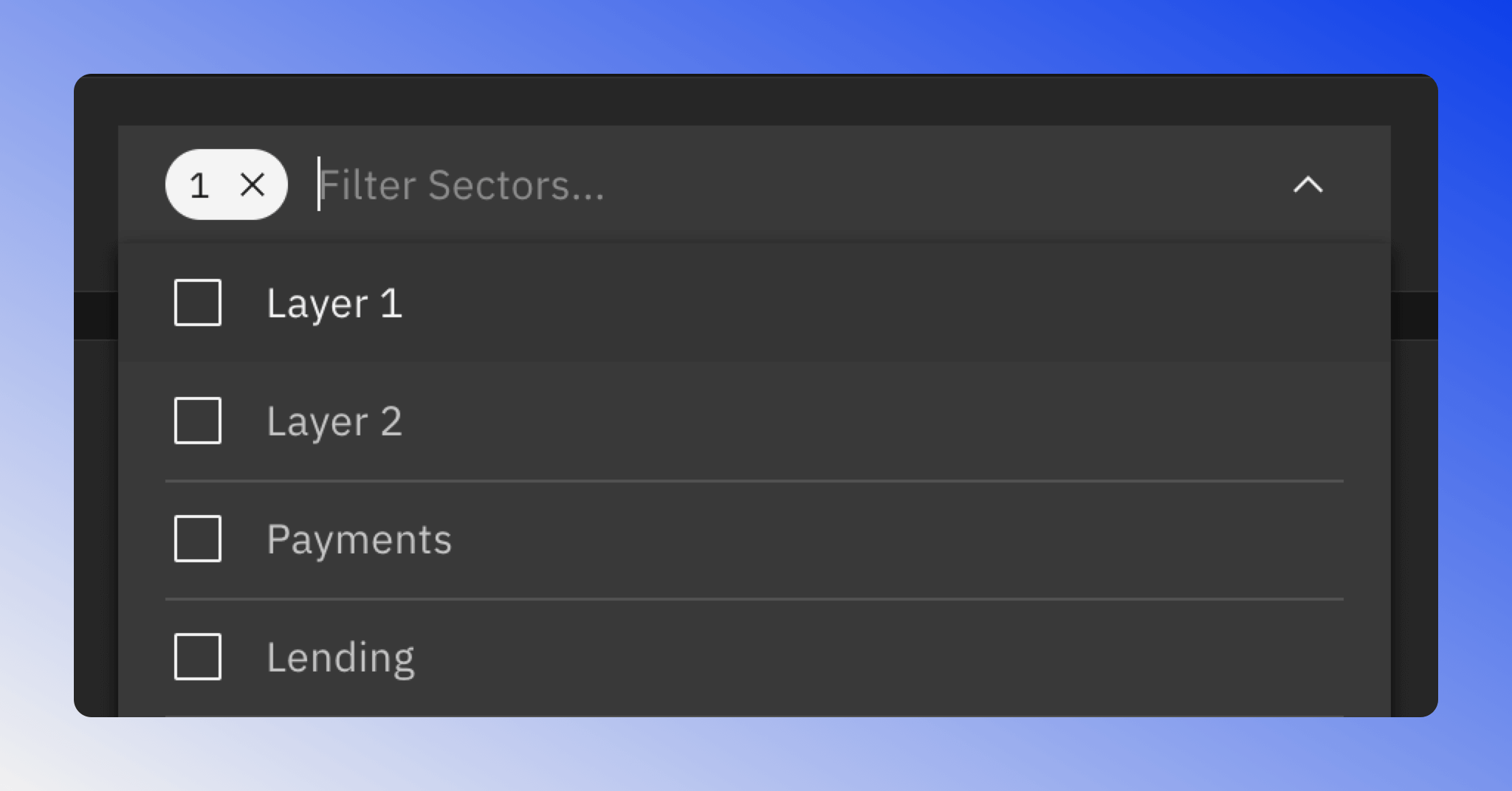 Sector filter interface for selecting tokens by sector