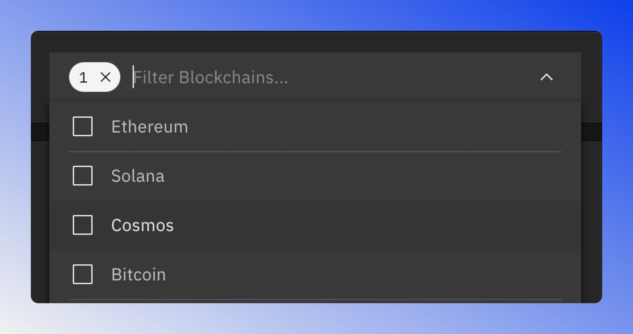 Blockchain filter for narrowing token list by blockchain